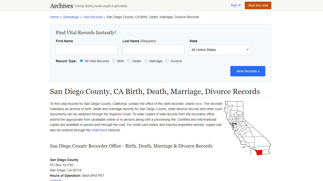 San Diego County, CA Birth, Death, Marriage, Divorce Records